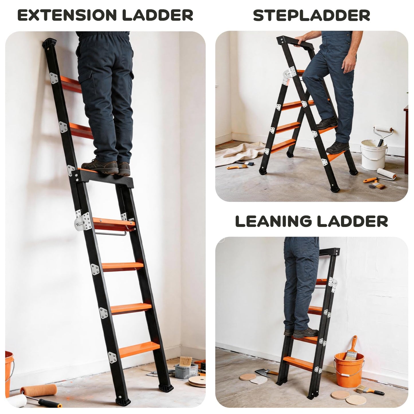 XinSunho Ladder, 3-in-1 Multi-Position Step Ladder, 4 Step Folding A-Frame, 7 Ft Heavy Duty Steel Extension Ladder, 375 lbs Max Capacity Multi-Purpose Ladder with Work Tray for Home and DIY