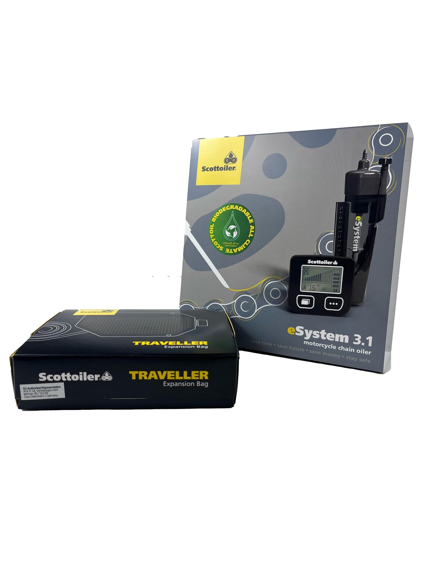 Scottoiler eSystem Electronic Automatic Motorcycle Chain Lubrication System with Biodegradable Green Scottoil & Traveller Expansion Bag Range Extending Touring Bundle…
