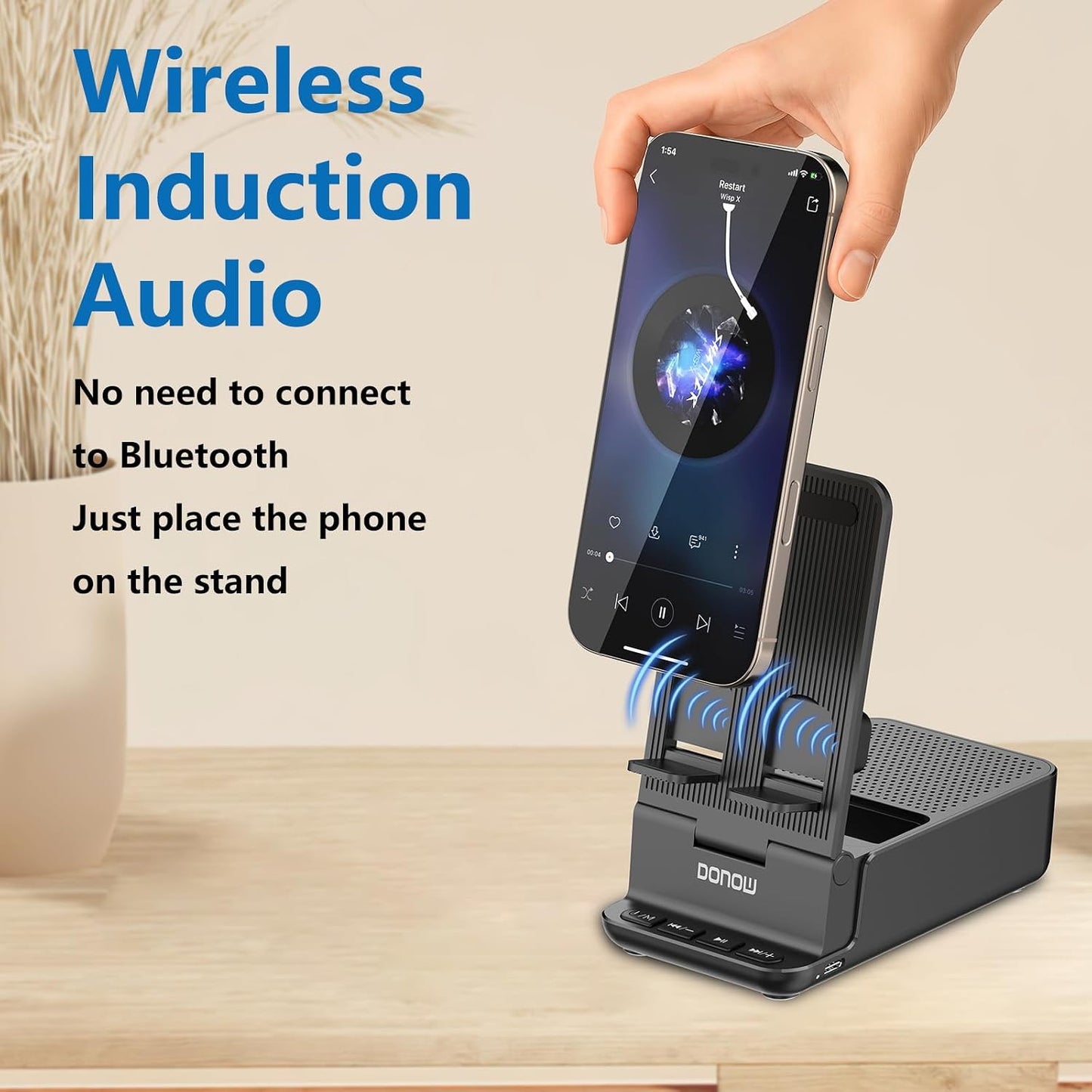 DONOW Wireless Induction Bluetooth Speaker with Cell Phone Stand, HD Surround Stereo Sound Foldable Phone Holder