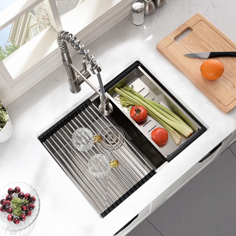 24 Inch Undermount Kitchen Sink, BoomHoze 24 x 19 Inch Sink Kitchen 16 Gauge Stainless Steel Workstation Undermount Single Bowl Outdoor