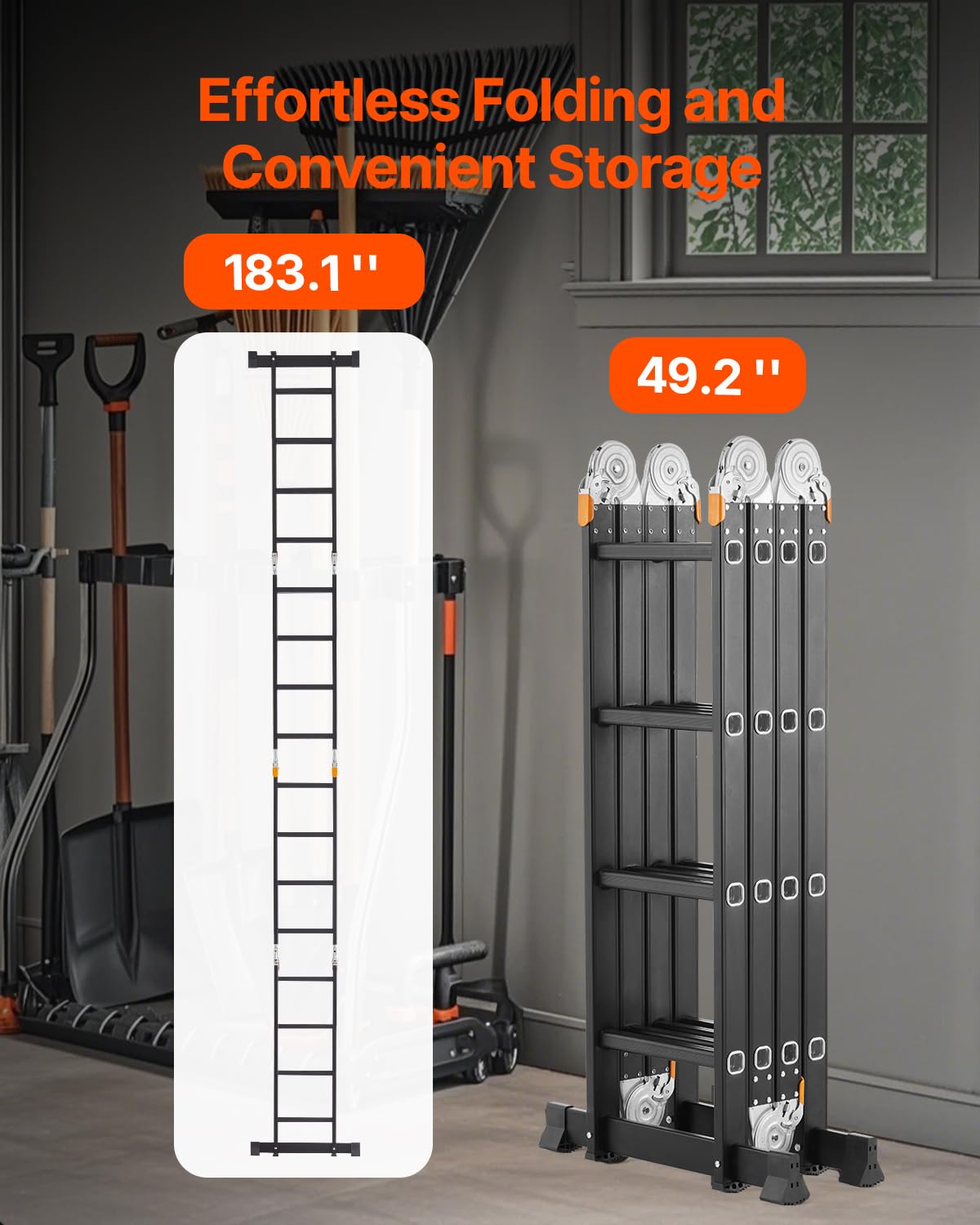 VEVOR Multi-Purpose Folding Ladder, 7-in-1 Tall Extension Step Ladder, A Frame 4 Step with Scaffolding Plank Telescoping Ladder, 15.5ft Reach Height Heavy Duty, 330 lbs Capacity for Home Outdoor