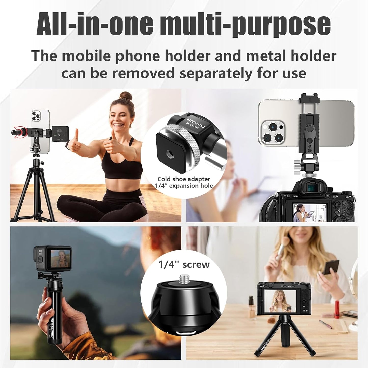 CAMEDAFLX Mount,360Adjustable Aluminum Tripod Stand Mount Universal Smartphone Adapter with Cold Shoe Cellphone Clamp