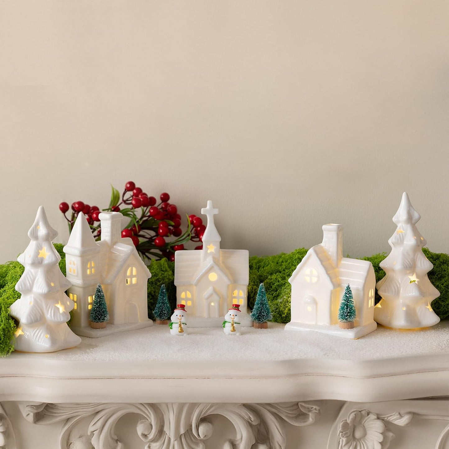 Skiennix Christmas Village Set - 11 Pcs Ceramic Decor with 3 Lighted Houses & Trees | Festive Tabletop Display