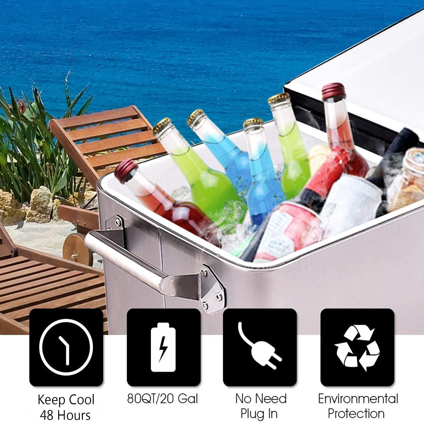 Giantex 80 Quart Rolling Patio Cooler Cart with Bottom Storage Shelf & Drain, Outdoor Ice Chest with Lockable Wheels, Bottle Opener & Cap Catcher, for Party Poolside Backyard BBQ (Sliver + Black)