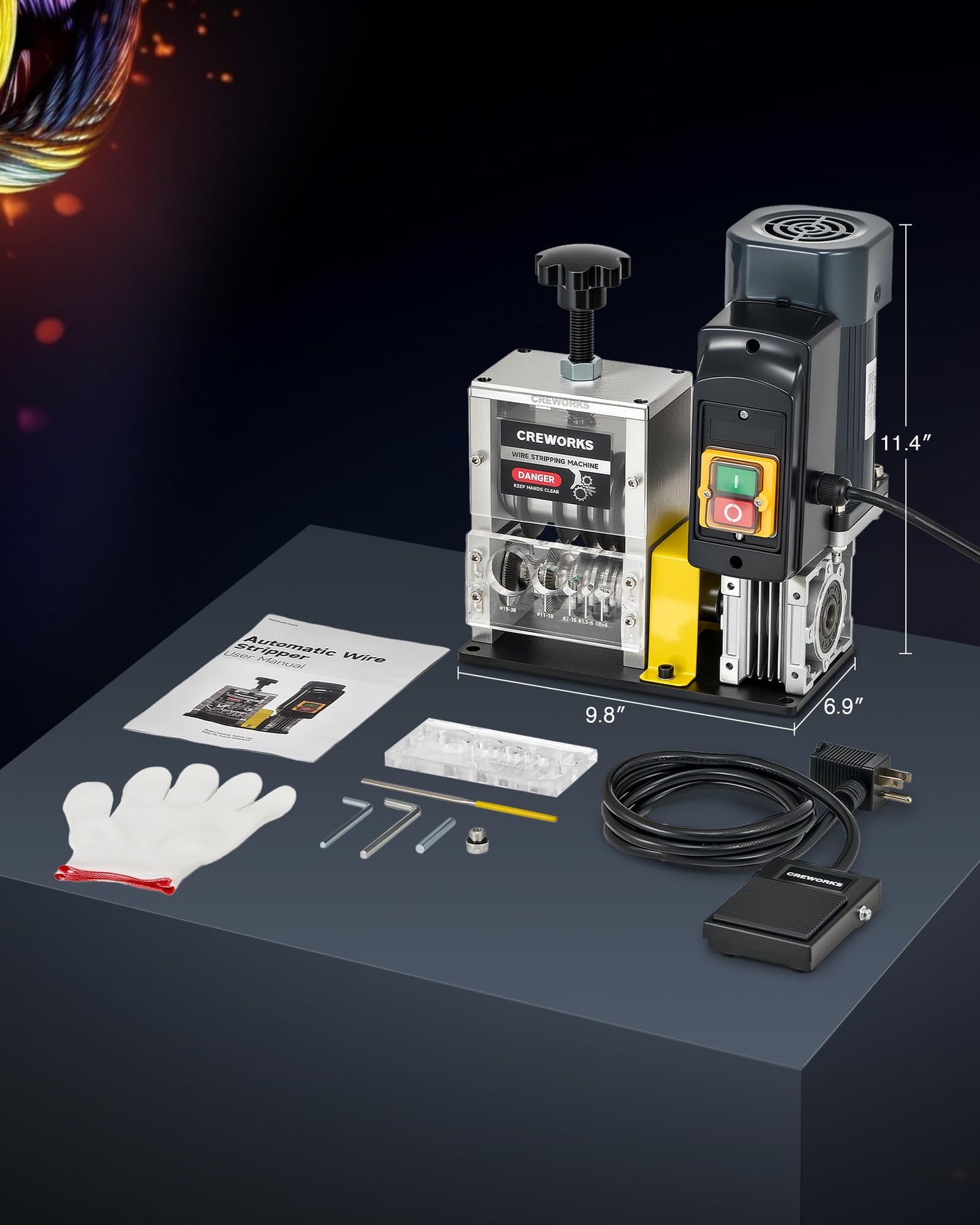 CREWORKS 180W Motor Automatic Wire Stripper Machine, 5 Blade Electric Wire Stripping Machine for 0.06"-1.18" (1.5-30 mm) Scrap Wire with 2 Feed Plates Foot Pedal Switch Sharpening Rod