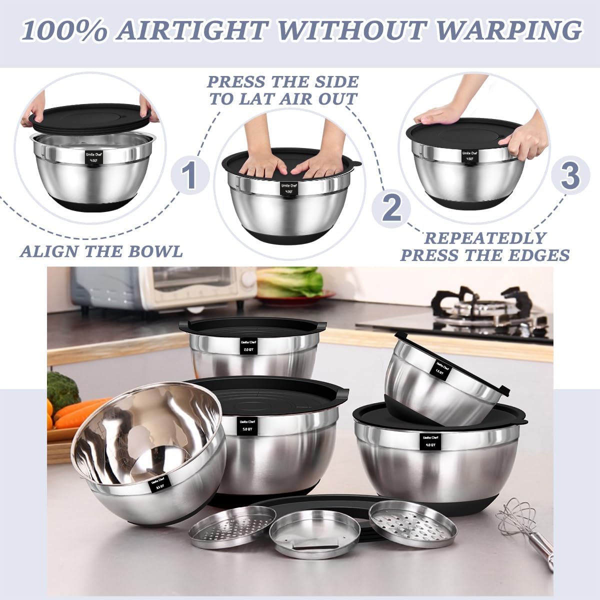 Umite Chef Mixing Bowls - 8PCS Stainless Steel Set with Airtight Lids & Non-Slip Bottoms | Black, 1.5QT to 5QT
