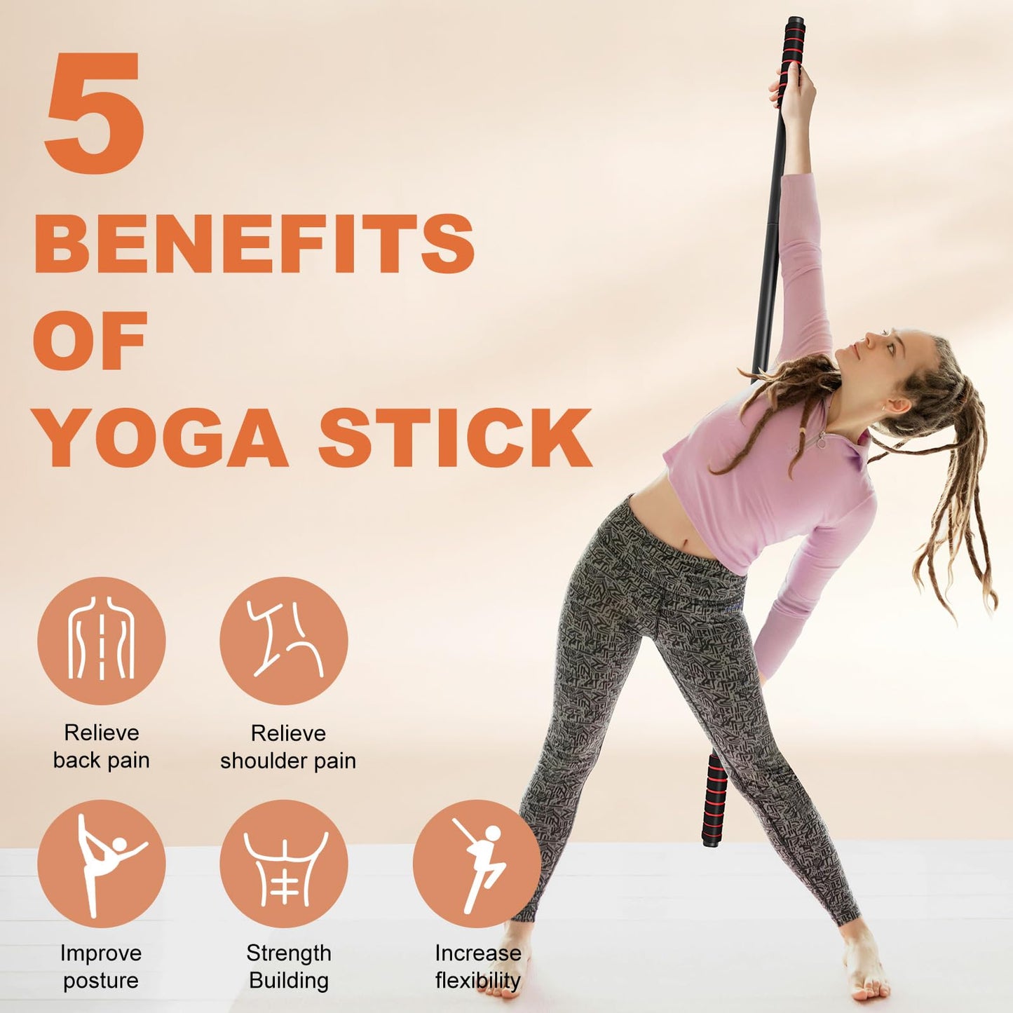 RACOC Yoga Stick Sturdy Steel, 5 Ft Adjustable Stretching Stick for Mobility, Flexibility and Balance, Versatile Exercise Stick with Non-Slip Ends and Foam Handles for Fitness, and Posture