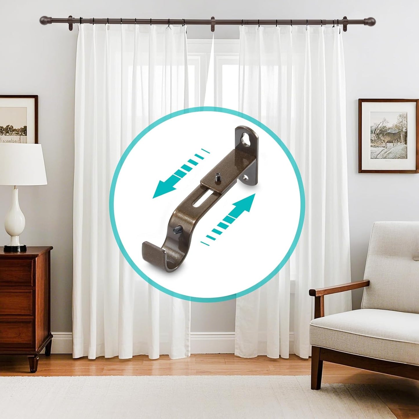 Skiennix Adjustable Curtain Rod Brackets - Durable Metal Drapery Rod Holders for 1-Inch Rods | Brown, Set of 2