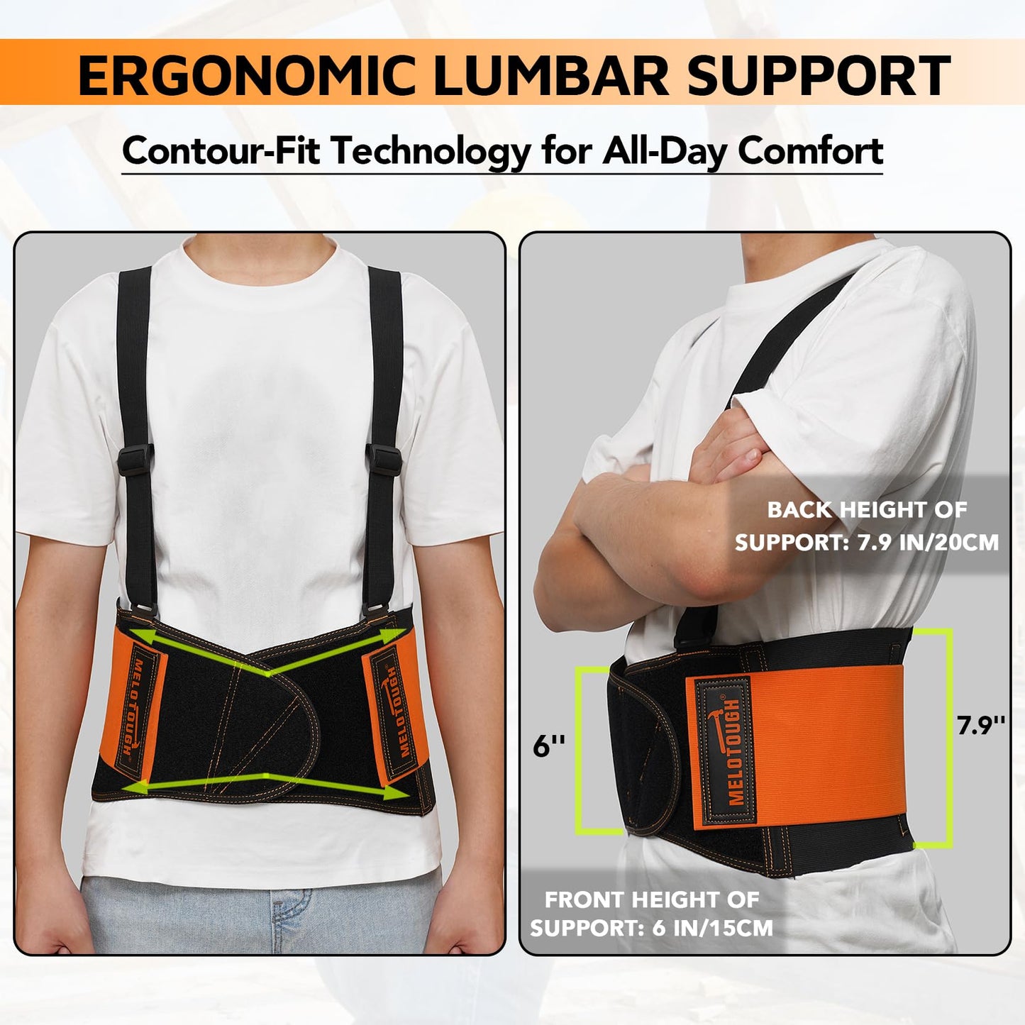 MELOTOUGH Back Brace for Men Lower Back,Back Brace for Work,Back Support Belt with Suspenders,Lower Lumbar Support for Heavy Lifting, Removeable Straps for Construction, Warehouse L/XL,Gifts for Men