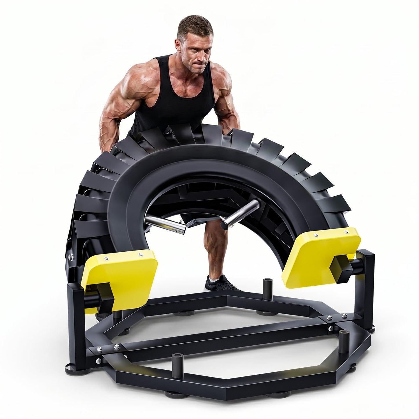 Tire Flip Trainer, Heavy Duty Steel Tire Flipping Machine with Weight Plate Posts, Non-Slip Base for Crossfit, Gym & Home Workouts, Expandable Full-Body Training Equipment