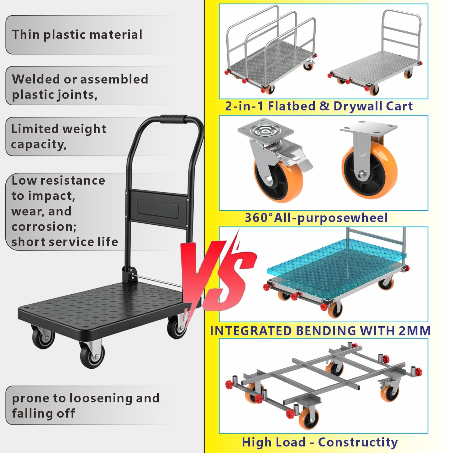 2-in-1 Steel Panel Cart with 3000 lbs Capacity Lumber Drywall Dolly Cart, 6" Swivel Brake Wheels Heavy Duty Table Truck Flatbed Cart with 1Front and 3Side Handrails 44 X 28inch 2mm