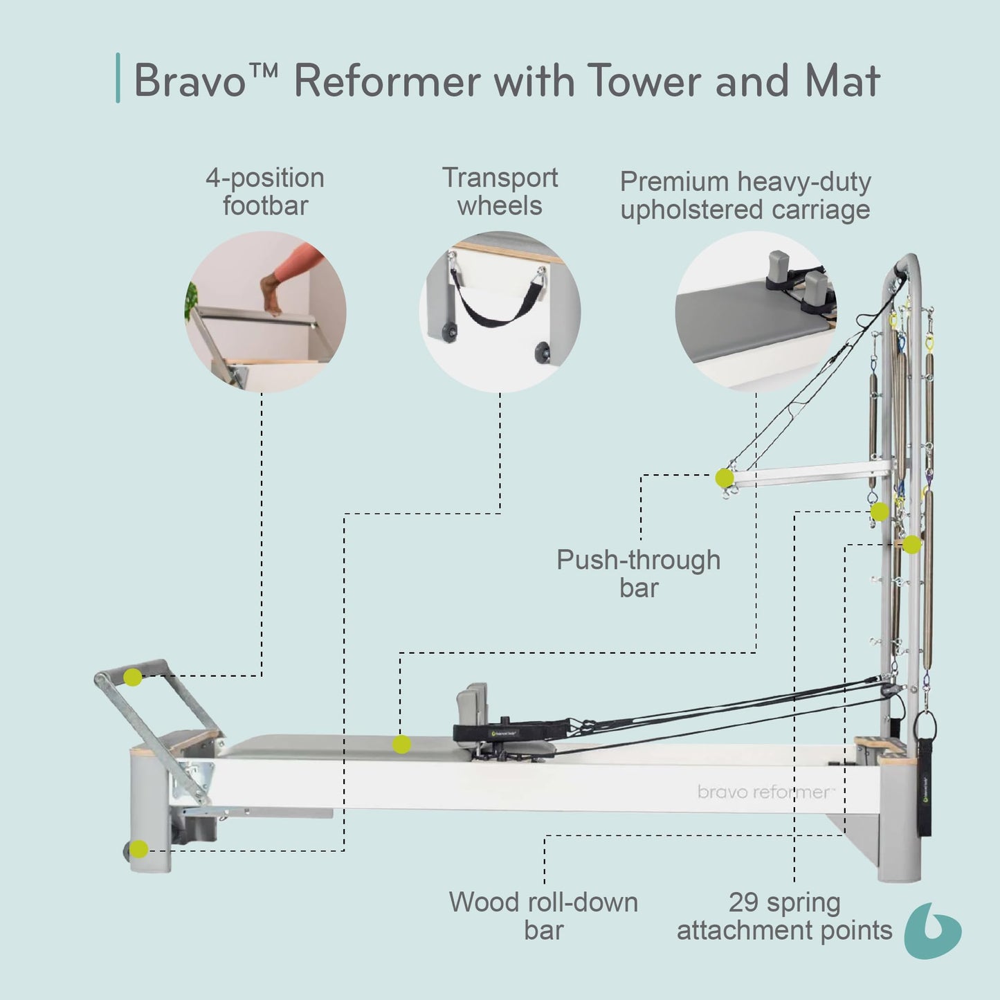 Balanced Body Bravo Reformer with Tower and Mat, Pilates Apparatus for Studio and Home Workouts, Dove