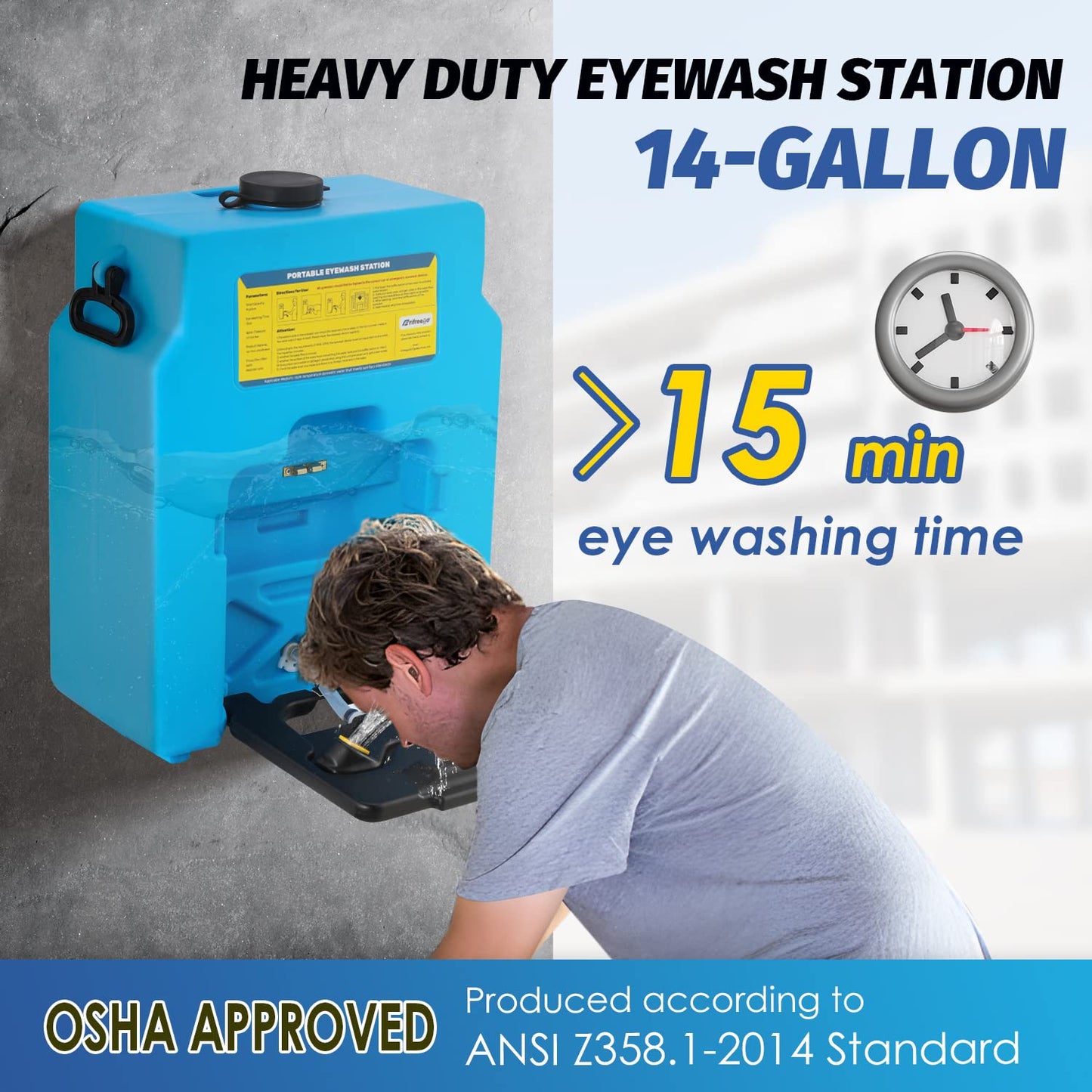 14gal Portable Eye Wash Station, Heavy Duty Gravity-fed Eyewash Station, Self-contained Eye Wash Station OSHA Approved with Dual Nozzles, 15min Emergency Eye Washing Station, No Leakage