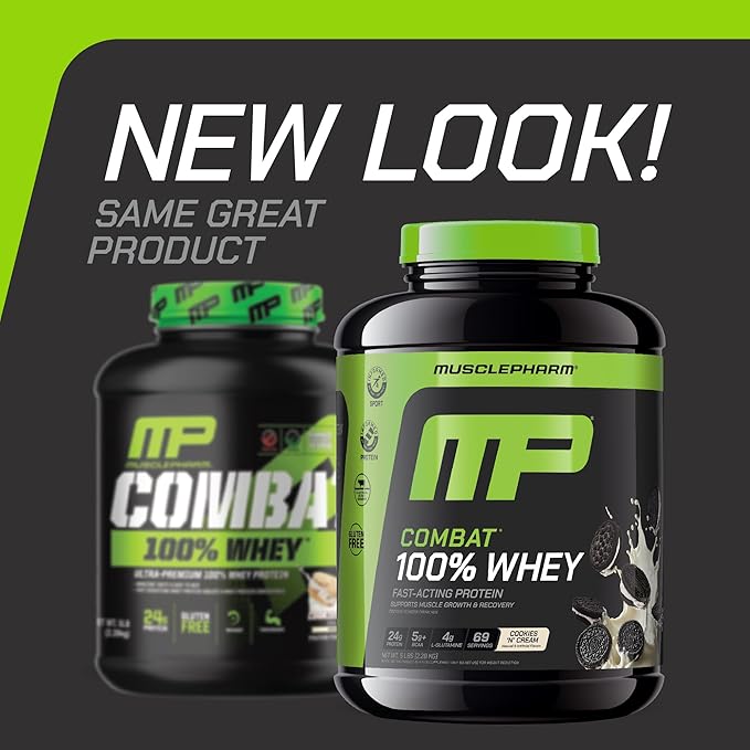 MusclePharm Combat 100% Whey Protein Powder, Cookies ?˜N??Cream Flavor, Fast Recovery & Muscle Gain with Whey Protein Isolate, High Protein Powder for Women & Men, Gluten Free, 5 lb, 69 Servings