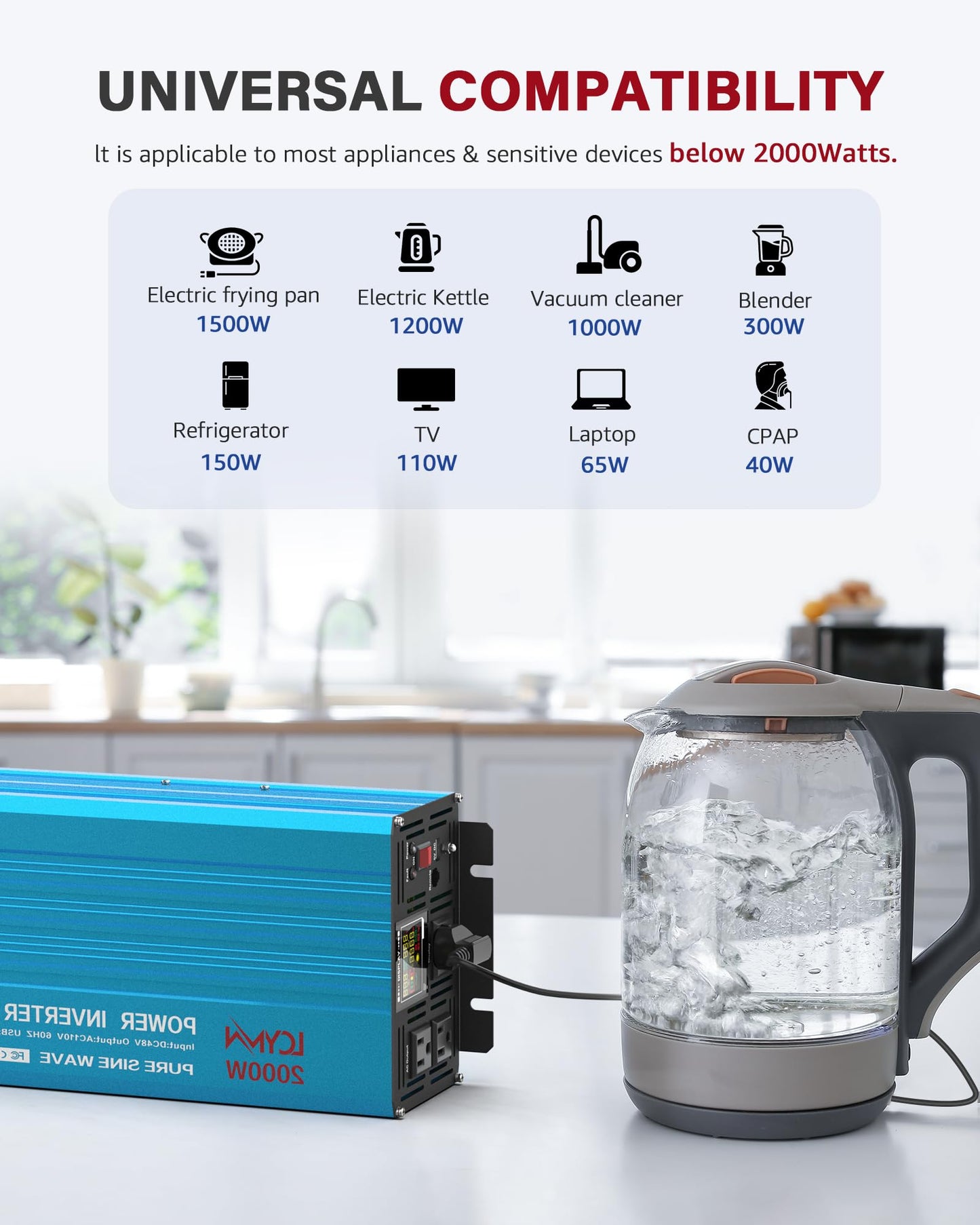 LCYMW 2000W Pure Sine Wave Inverter DC 24V to 110V/120V AC 4000 Watt Peak Power Inverters with 3 AC Outlets USB Charging Port LCD Display and Remote Control Car Solar Converter for Vehicle Home Truck