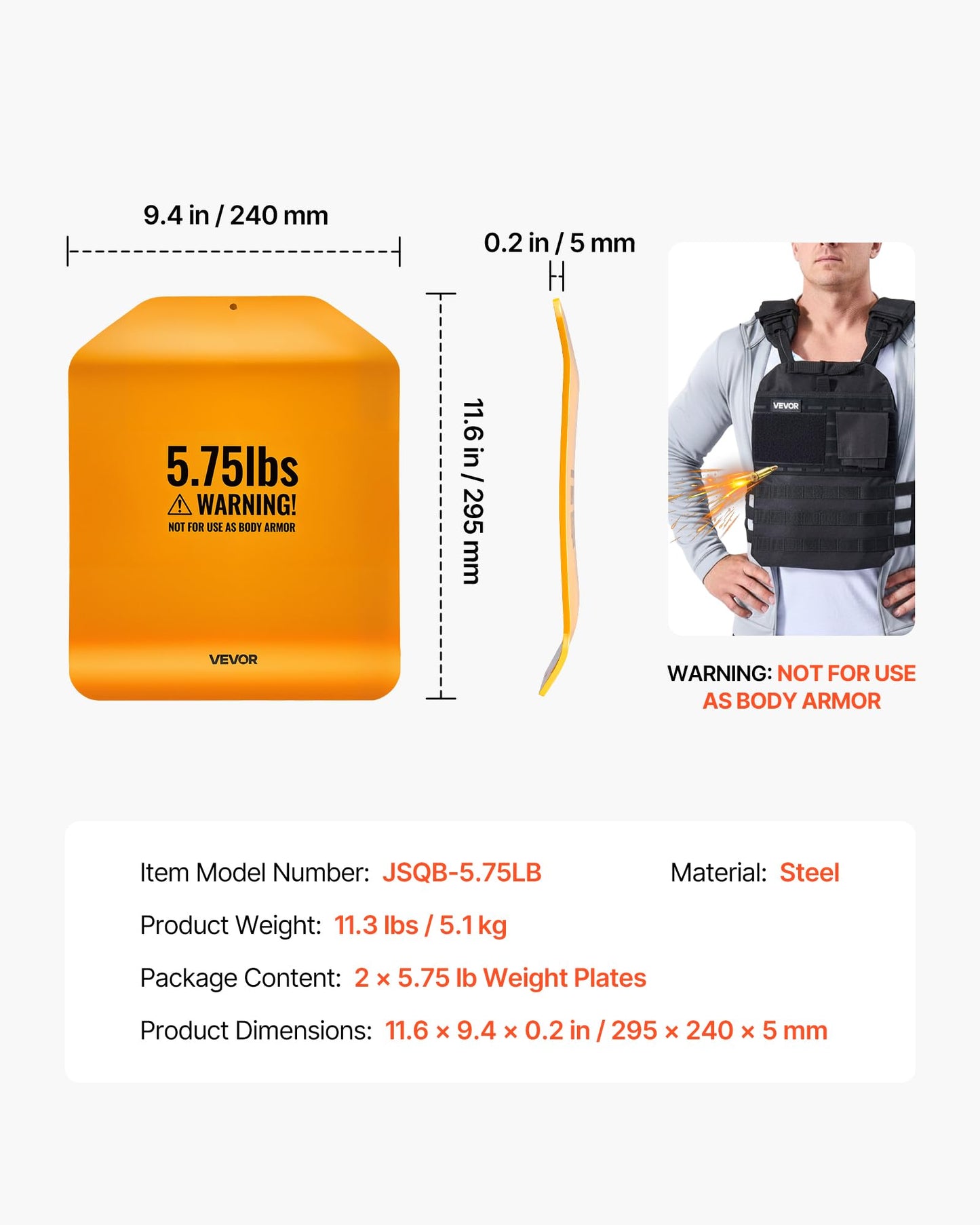 VEVOR Curved Weight Vest Plates, 5.75 LB Pairs, Premium Steel Tactical Weighted Plates for Vest, Ergonomic Design, for Strength Endurance Training, Running, Jogging, Fitness, Heavy Workouts