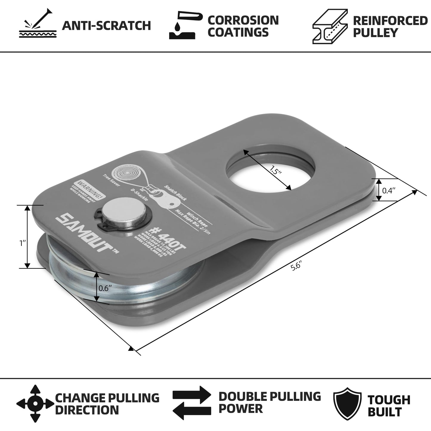 SAMOUT Winch Snatch Block (4.4 US Ton WLL) Recovery Towing Pulley System for Synthetic Rope or Steel Cable with Max Dia. 2/5in