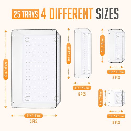 Masirs Clear Drawer Organizers Set – 25 PCS Stackable Plastic Storage Bins for Home & Office | Non-Slip Design