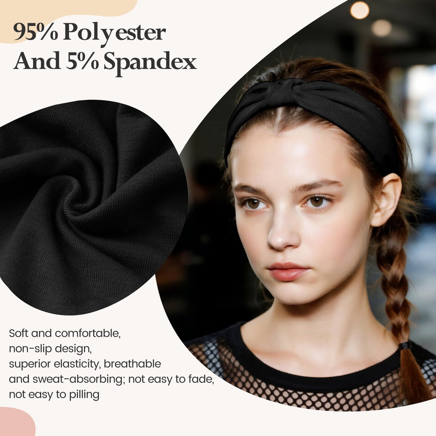HSEM Headbands for Women, Wide Elastic Head Bands, Non-Slip Thick Hair Bands, Sports Stretchy Sweat Bands, Large Knotted Soft Headband for Washing Face, Makeup, Workout, Spa, Fashion, 6-Pack Black