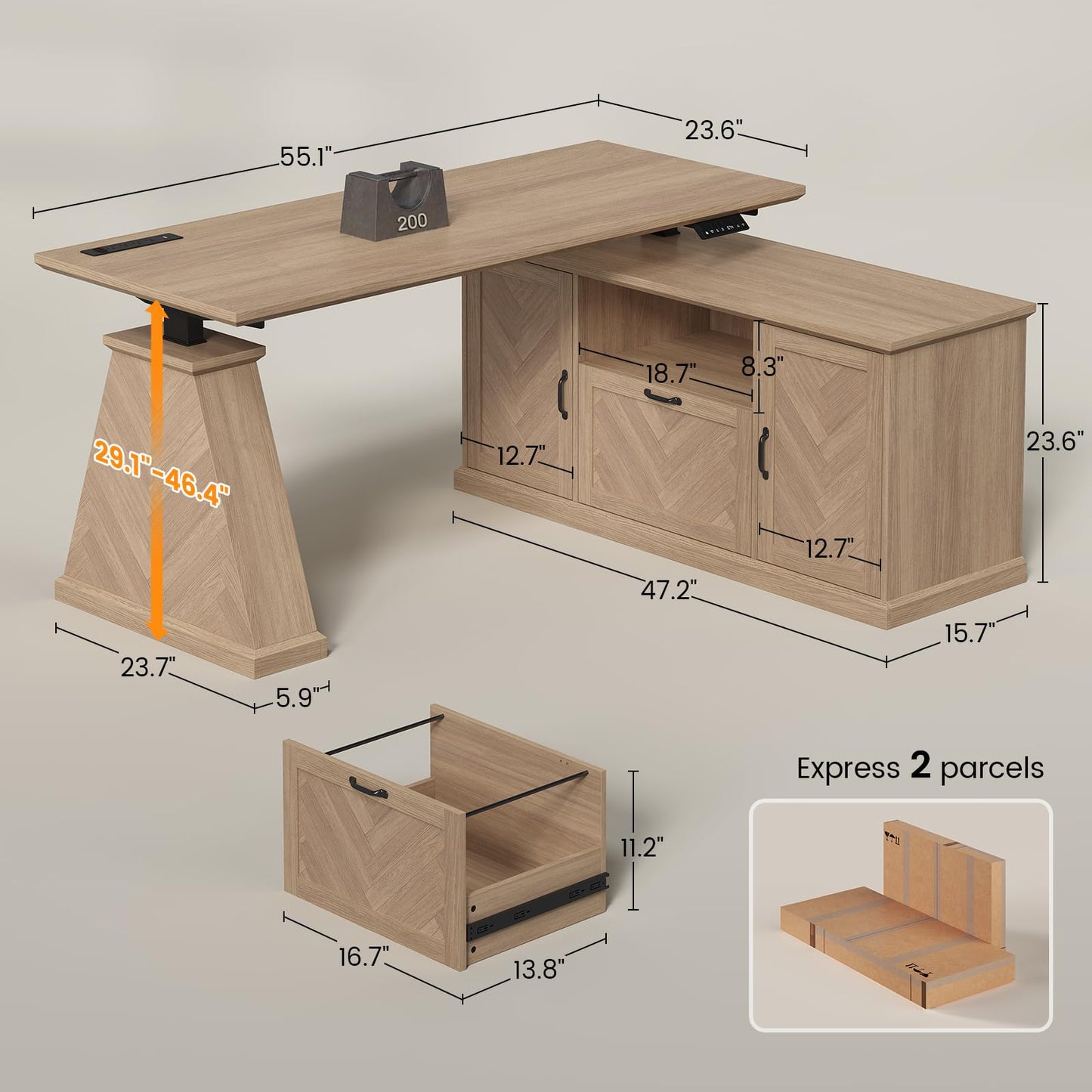 Farmhouse L Shaped Electric Standing Desk with Power Outlet & 2 Storage Cabinets, 55.1" x 47.2" Height Adjustable Office Executive Desk with File Drawer & Shelf, Large Business Computer Desks, Natural