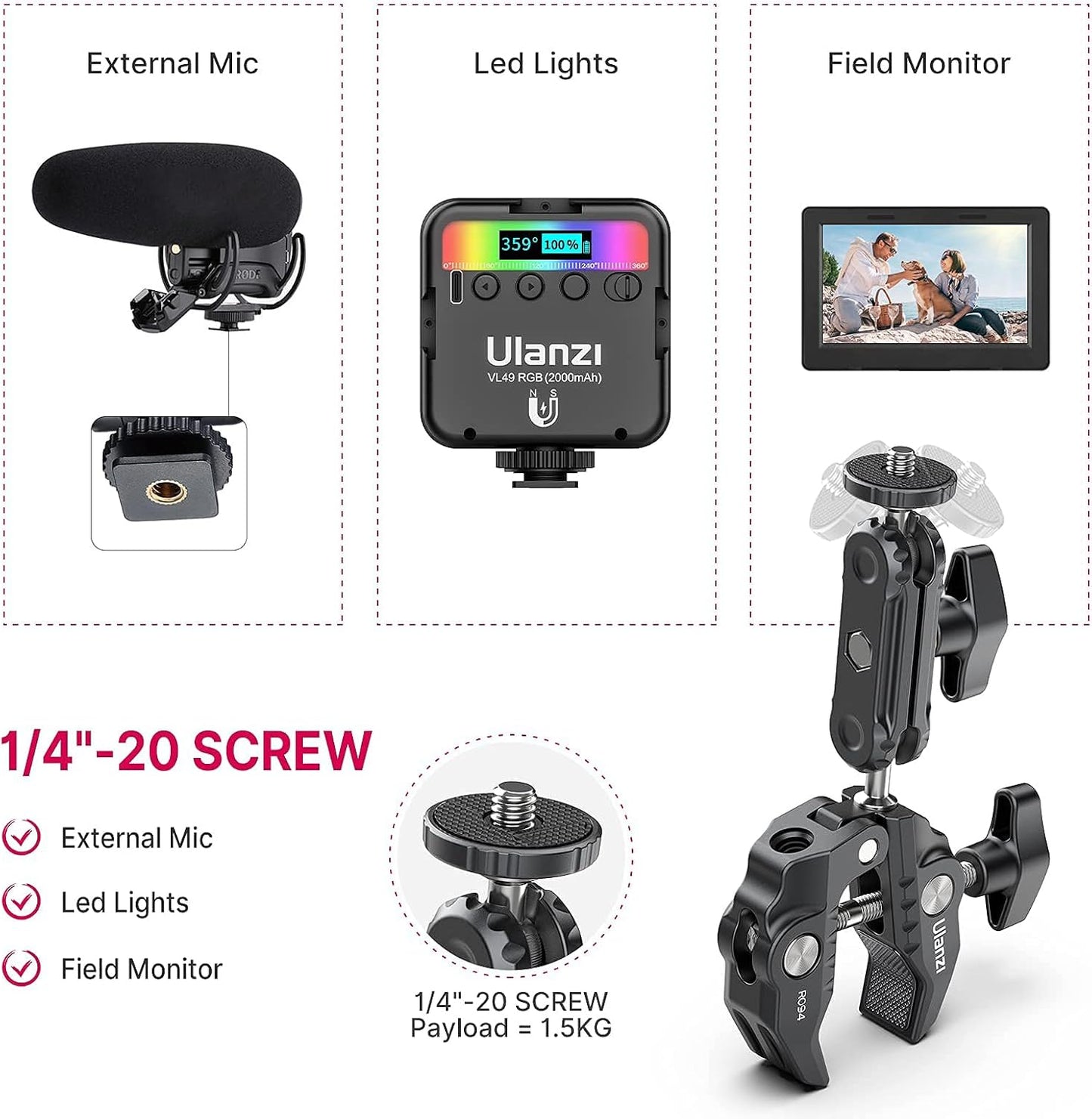 ULANZI 360 1/4"-20 3/8"-16 ST-07 Super Clamp Camera Clamp Mount Monitor Ballhead Magic Arm Double Ball Head Adapter