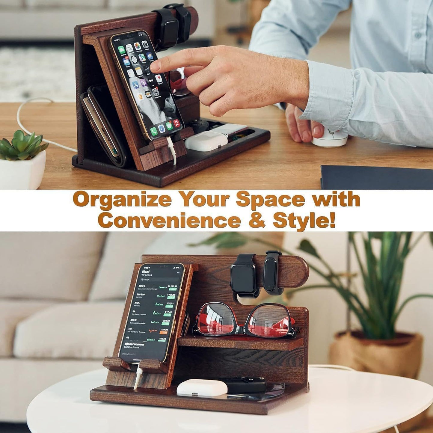 5-in-1 Wood Phone Docking Station, Desktop Organizer for Phone, Watch, Keys, Glasses & Office Supplies, Birthday Gifts