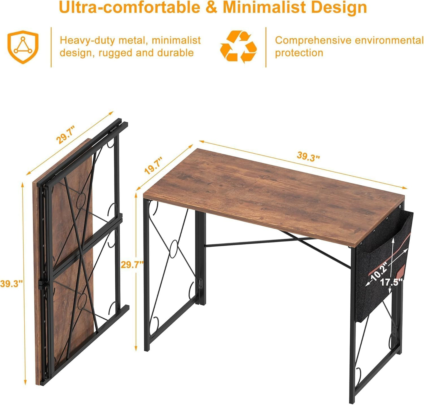 VECELO 39 Inch Folding Desk - Simple Assembly Writing Computer Desk for Home Office | Classic Brown
