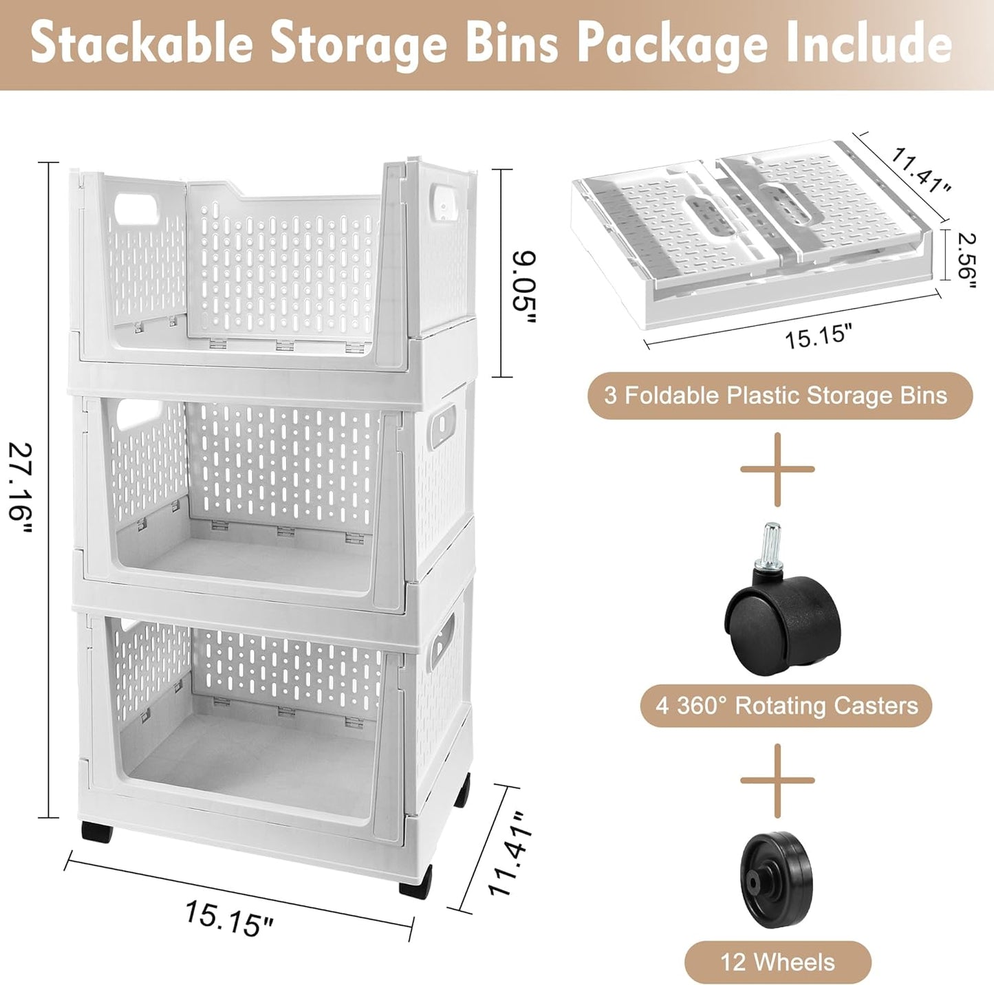 Stackable Plastic Storage Baskets by [Brand Name] - 3 Pack Foldable Organizers with Wheels | Versatile Storage for Home & Office