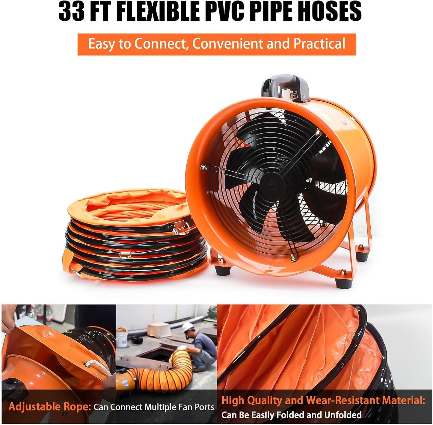12-Inch High-Velocity Portable Utility Blower Fan, Industrial Exhaust Fan with 33ft Flexible Duct Hose, 3150 RPM Low-Noise Ventilator for Basements, Workshops, Warehouses, and Confined Spaces
