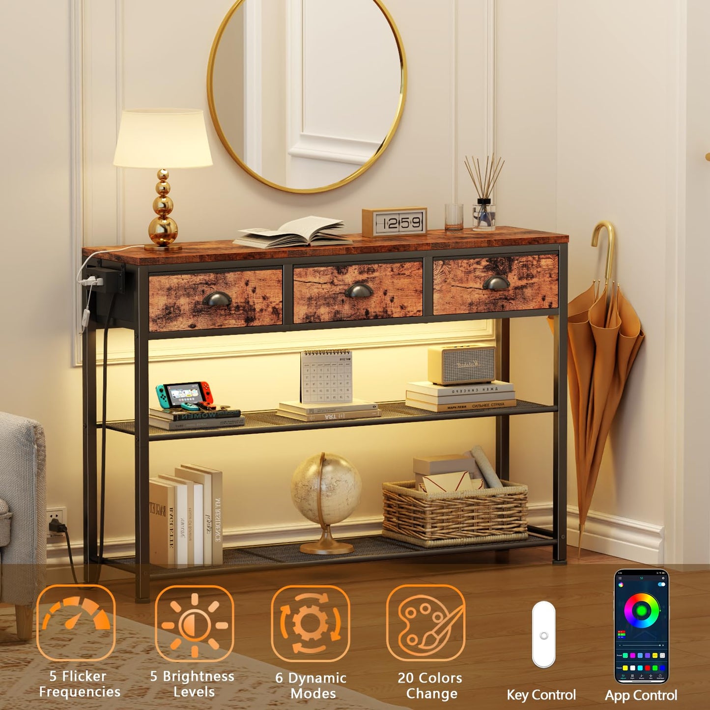 Furologee 5 Tier Bookshelf with Drawer & Console Table with Charging Station, 3 Drawers and LED Light
