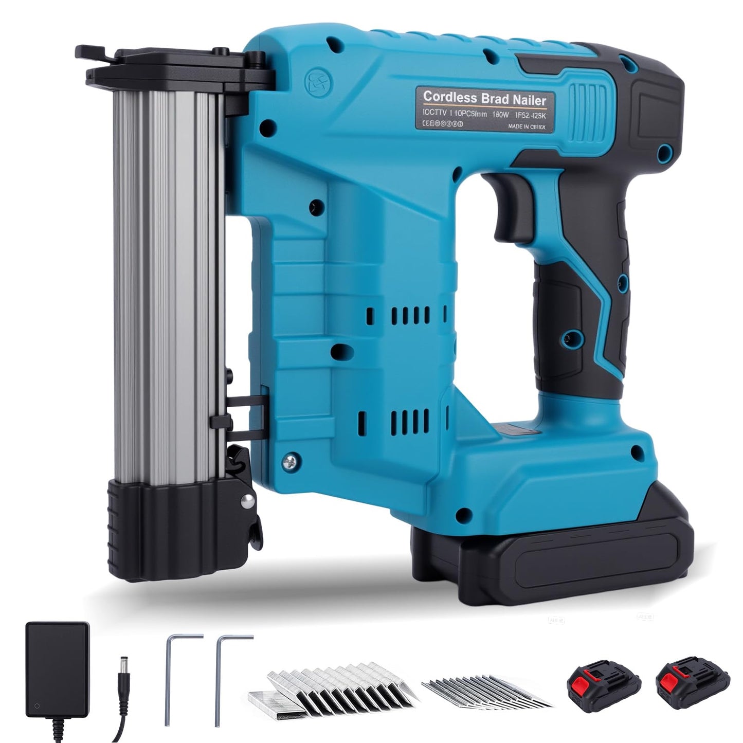 WODHMIEY Electric Nail Gun 2 Modes Battery Powered 18 Ga Brad Nailer, 20V Cordless Nail Gun Compatible with Battery, Copper Motor Heavy Duty Stapler for Woodworking Projects (2 Batteries)