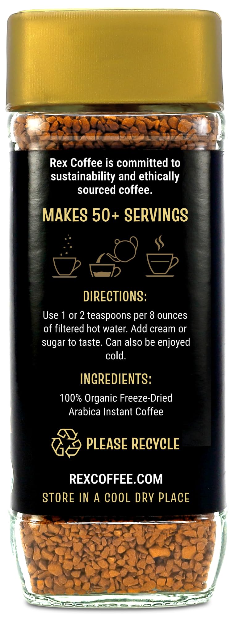 Rex Coffee Organic Fairtrade Freeze-Dried Instant Coffee – Medium Roast Arabica, 3.53 oz Glass Jar – Lab Tested for Mold, Mycotoxins, Heavy Metals, & Acrylamide