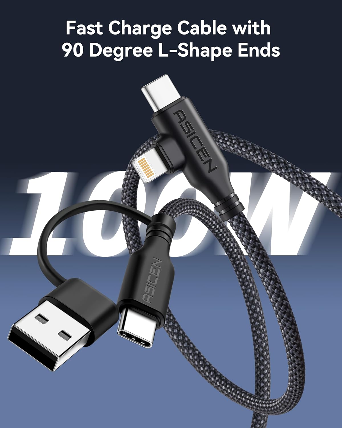 ASICEN 100W 2 2 Cable,6ft 90Lightning 5A 2,Multi PD in Multi Charging Braided USB C to Cable Fast Charging with USB A/C