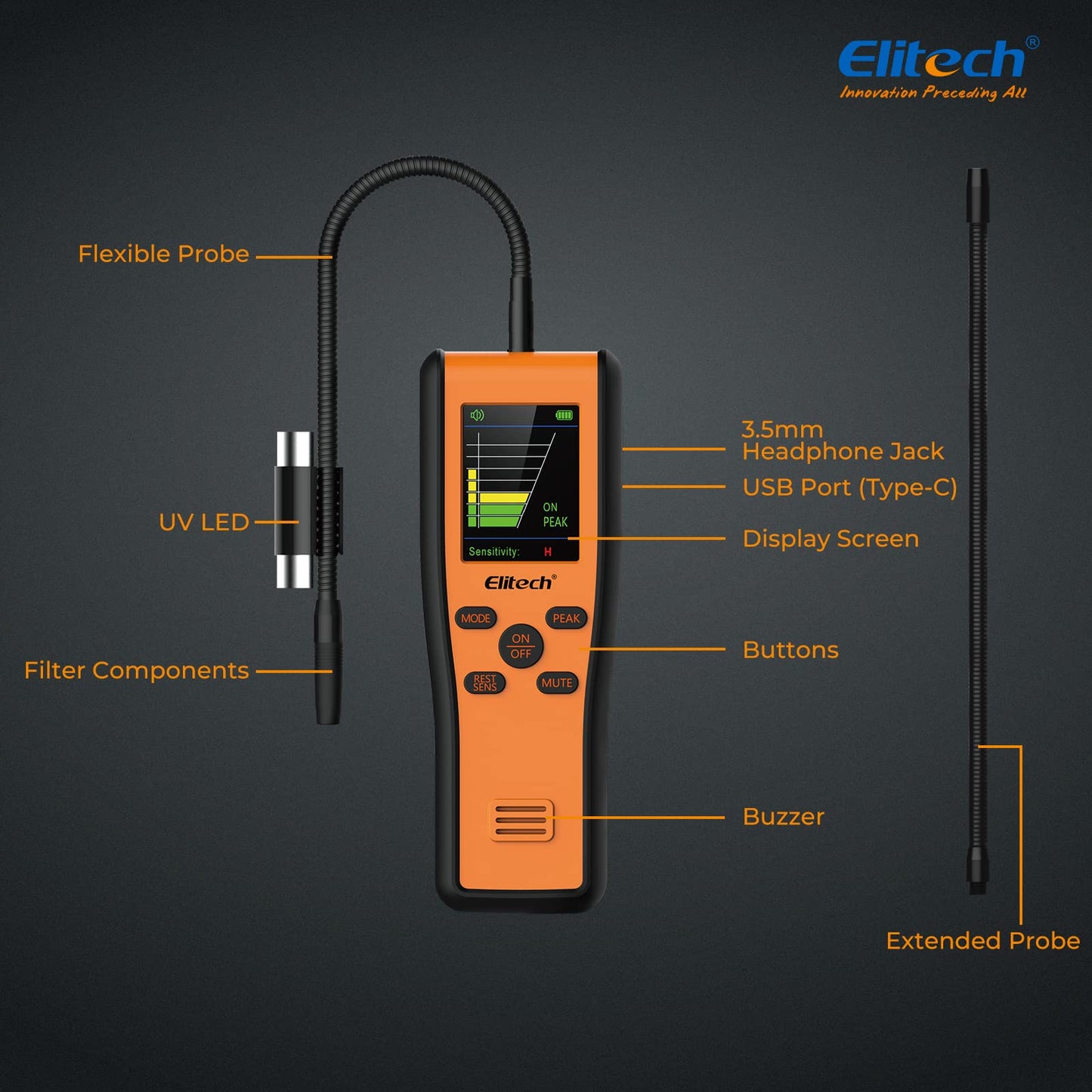 Elitech Refrigerant Leak Detector, Infrared & Heated Diode Sensors in 1 Unit, HVAC Halogen Gas Sniffer, Anti-Interference, IR-200