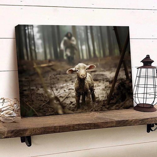 Balgardekor Jesus Canvas Wall Art - Inspirational Running After Lost Lamb Design | 12 x 16 Inches, Grey