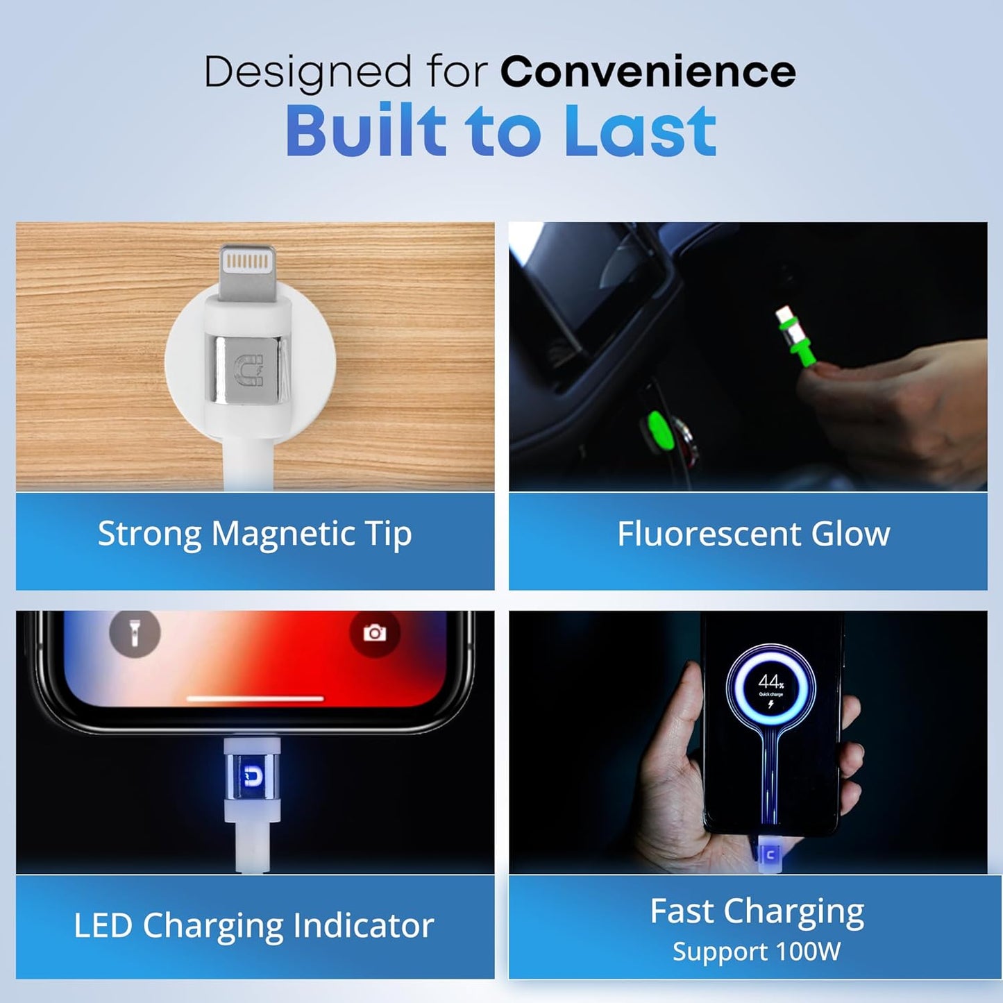 MAGNICPRO 6ft 514 LED Phone Lightning Cable with Magnetic Tip, Magnetic Cord Holder & Blue Night Glow Light Durable