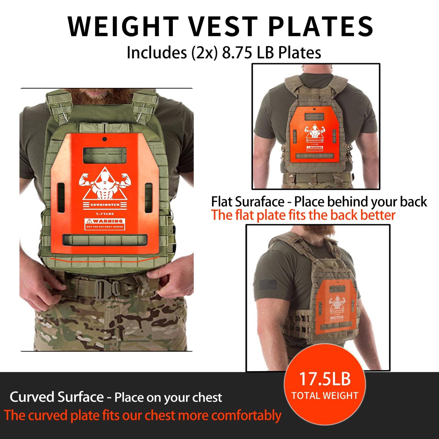 Universal Weight Vest Plates - 8.75lb & 5.75lb Curved/Flat Pair Set, Compatible with Most Vests for Strength, Cardio & Home Gym Training