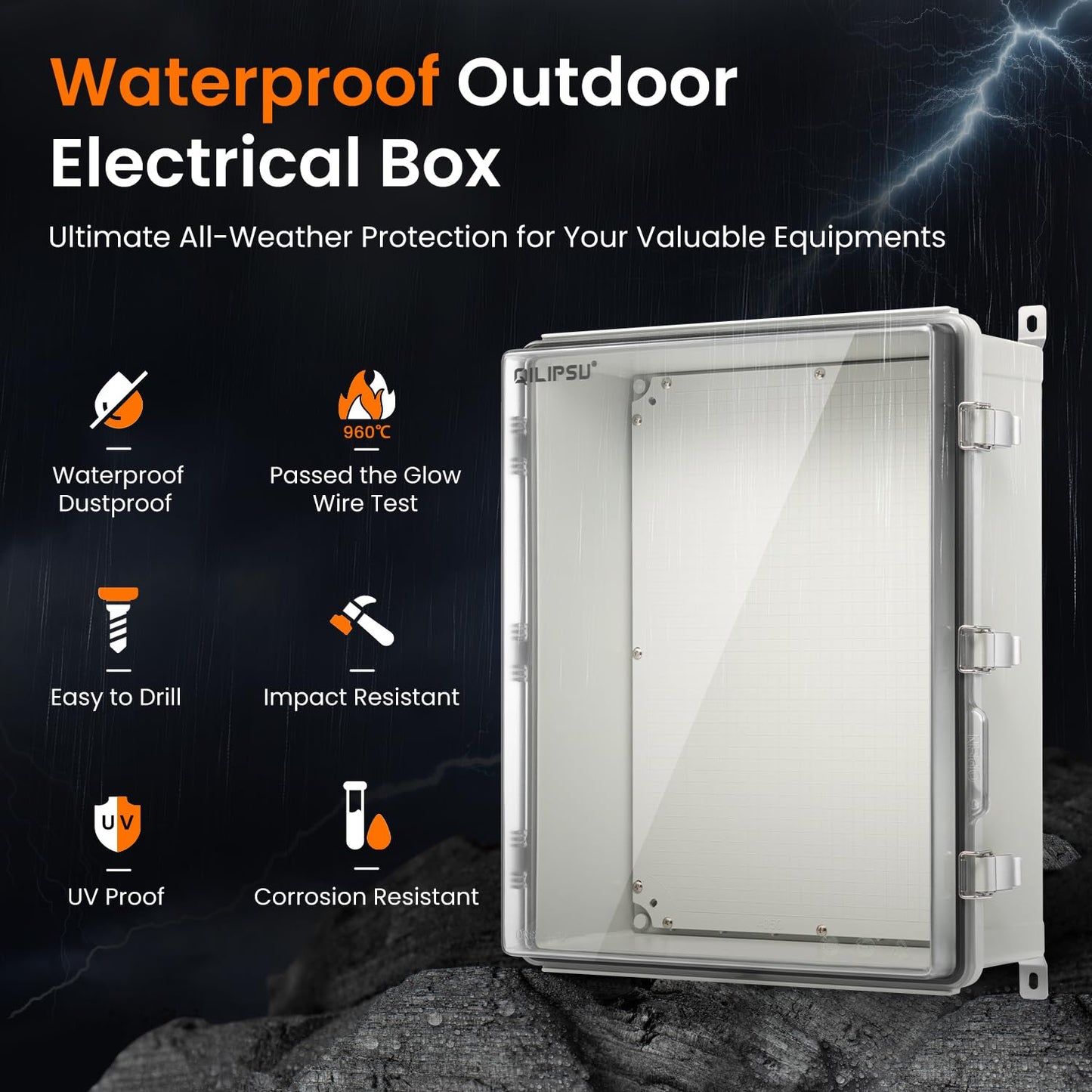 QILIPSU UL94-V0 Outdoor Electrical Box 20.3"x16.4"x7.9" Waterproof Junction Box Weatherproof PC/ABS Alloy Plastic IP66 Project Electric Enclosure Clear Hinged Door