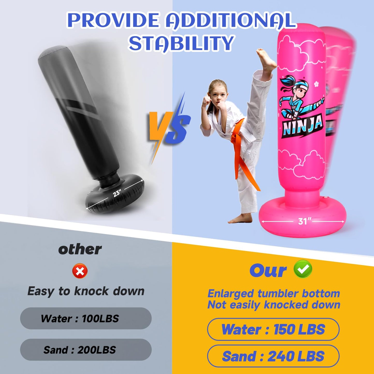 Onirii Kids Punching Bag Toy with Boxing Gloves,66 Inch Larger Stable Updated 4-in-1 Ninja Kids Inflatable Boxing Bag Set,Gifts for Boys & Girls Age 5-12 for Taekwondo,MMA and Practicing Karate