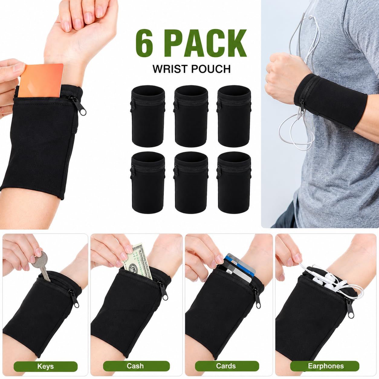VZYUVY 6 Pack Wrist Wallet for Men Women, Wrist Pouch Bag for Jogging Wristband