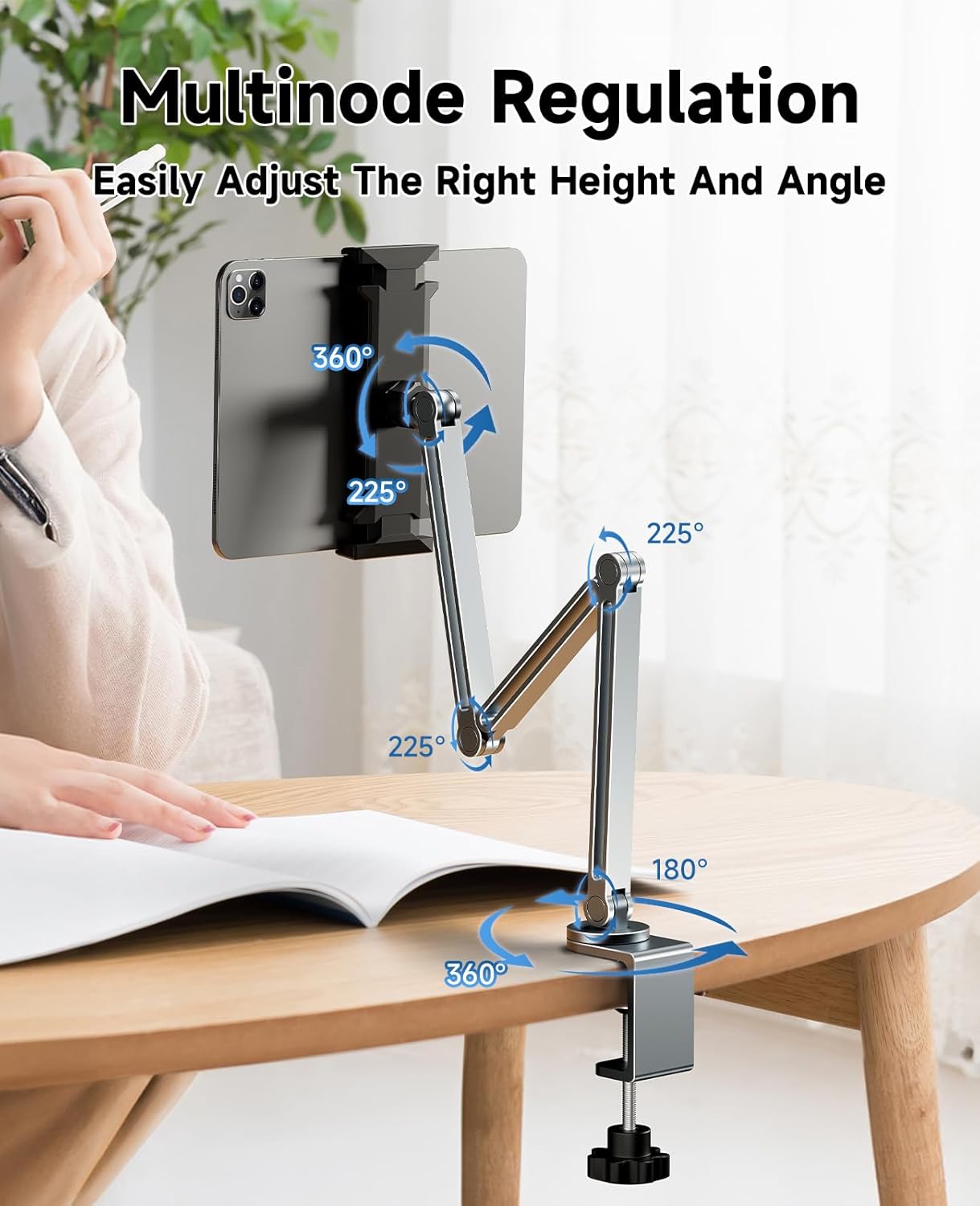 YICOSUN 360 Tablet Arm Mount with Super Grip, Adjustable Foldable Holder & Heavy Duty Aluminum Rotating Clamp for iPad
