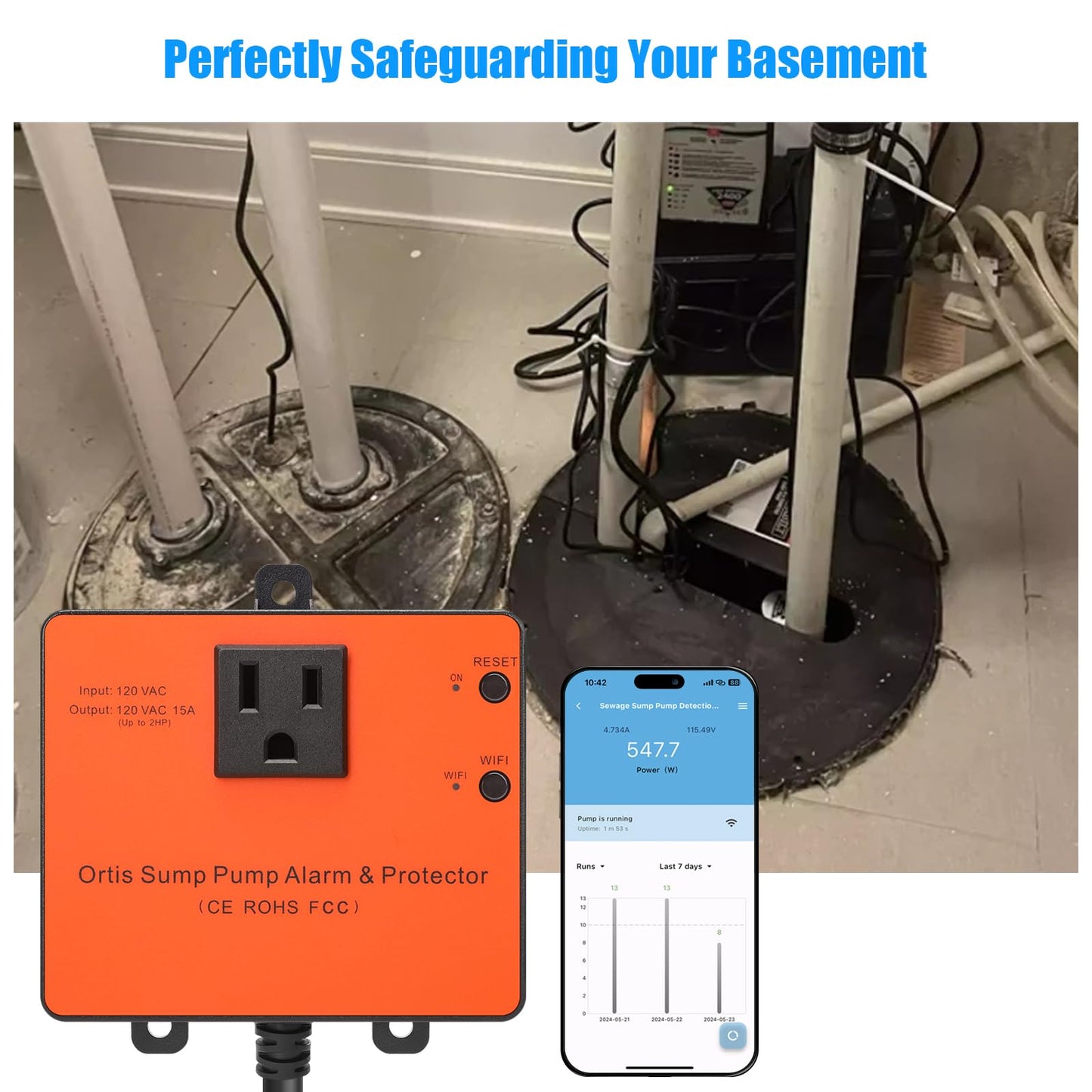 Sump Pump Monitor – Ortis WiFi Sewage Pump Alarm with Real-Time Status, Overload, Float Switch Jam & Power Outage Alerts, Compatible with 1/6HP–2HP Pumps
