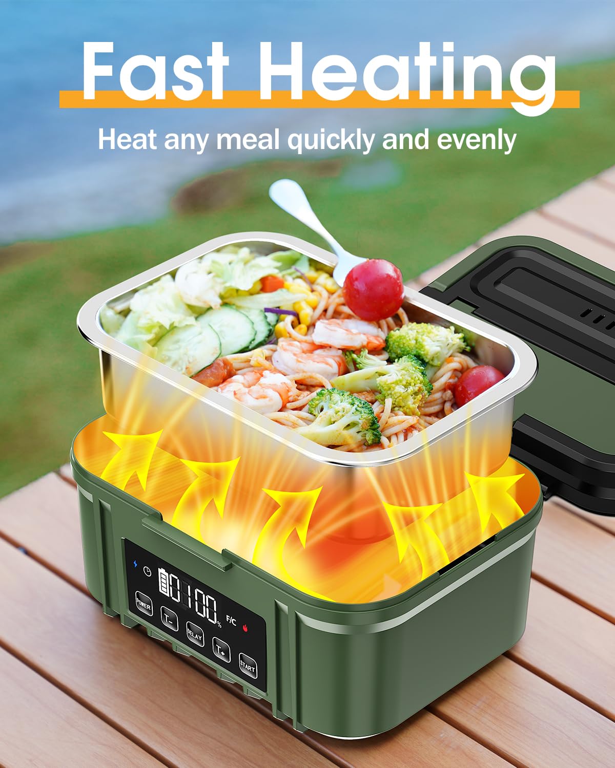 FERVINOW Cordless Electric Lunch Box for Adults – Battery-Powered Heated Lunch Box with 1.2L Stainless Steel Container, Timer Function, and Leak-Proof Food Warmer for Work, Travel & Office