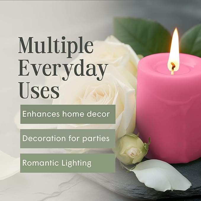 Mister Candle Dripless Unscented Pillar Candles, Set of 3 Hand Poured Solid Color Non-Scented Candles for Home Decor, Premium Wax, 60 Hr Burn Time - 3x4 Inch, Pink