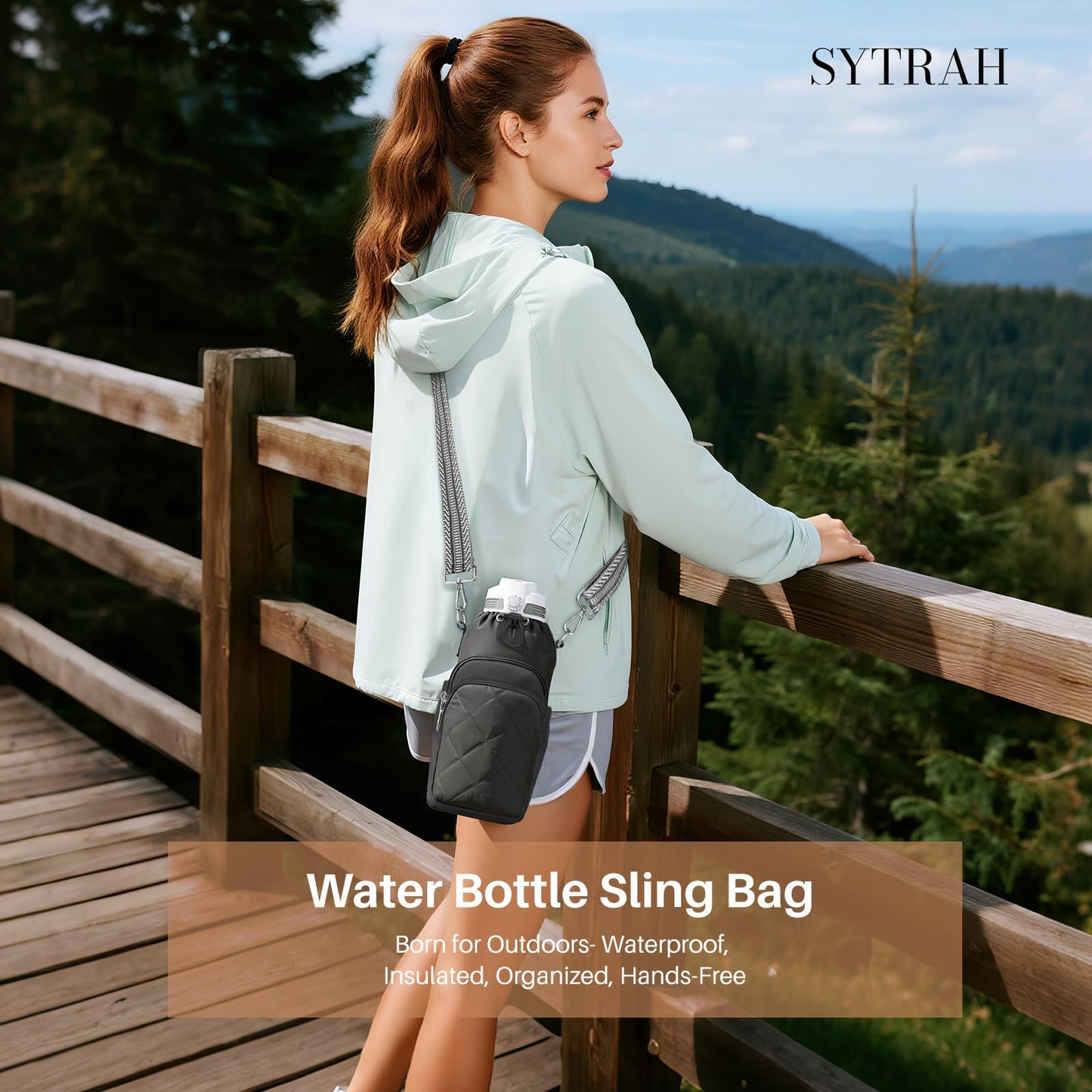 SYTRAH Water Bottle Bag Crossbody，Insulated Water Bottle Purse Crossbody Water Bottle Holder with Strap 40 oz, Sling Bag for Walking Hiking, Black