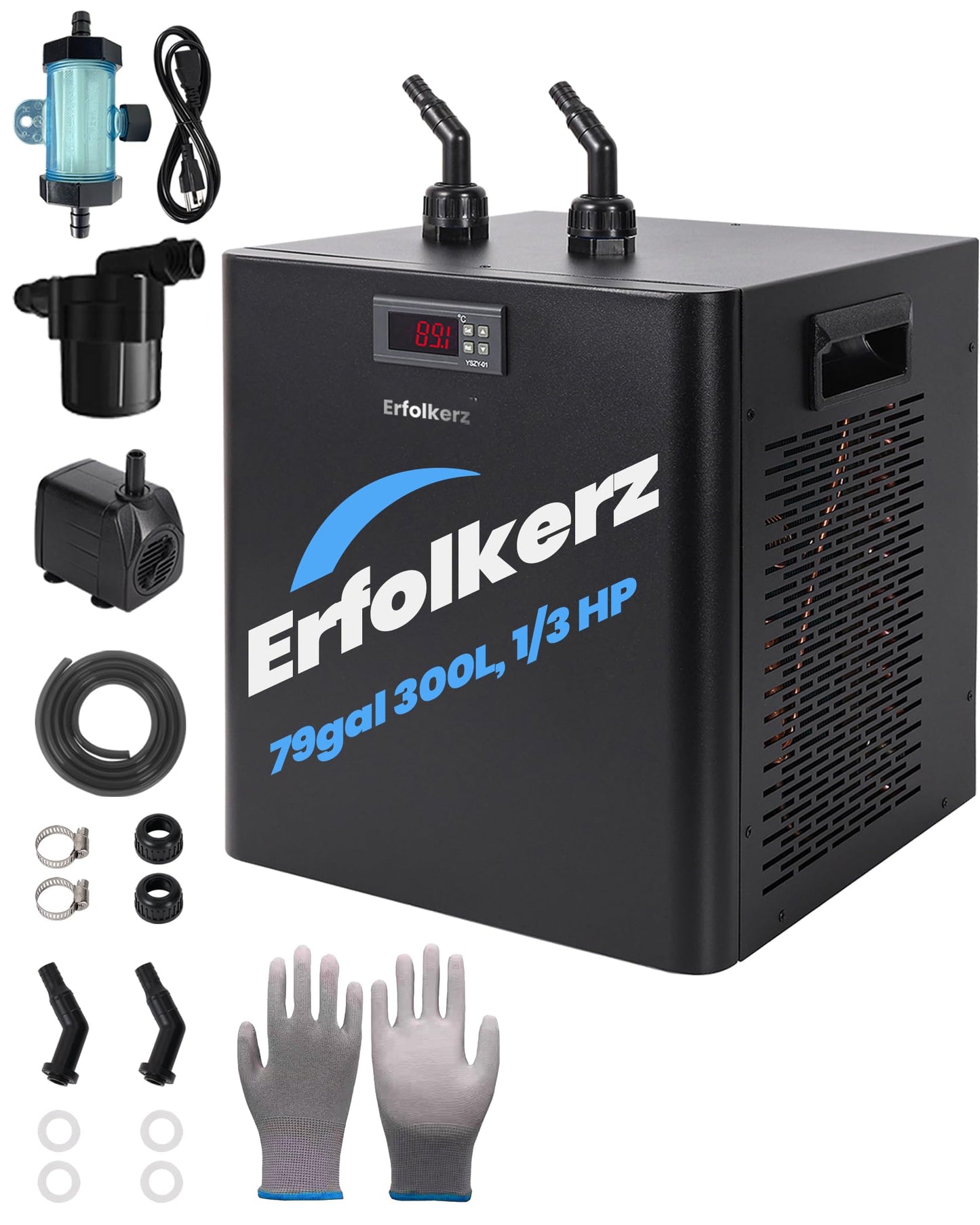 Erfolkerz 1/3 HP Cold Plunge Chiller,79gal 300L,Water Chiller for Ice Bath,Water Cooler with Complete Chiller Kit - 2 Ice Bath Chiller Pumps,Filter,Nozzles & Hoops,Hoses