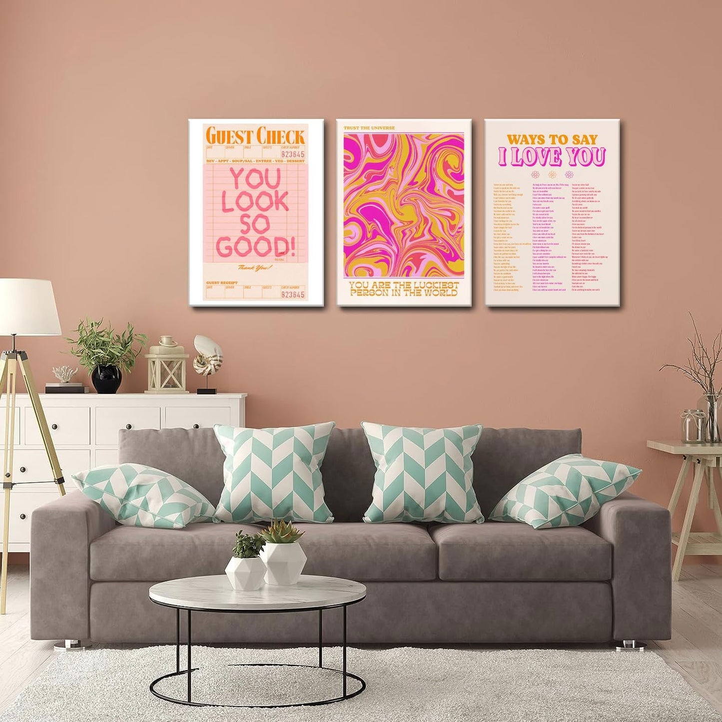 Pink Wall Decor - Canvas Art Set of 3 | Abstract Love Posters | Unique Framed Room Decor for Teens - 12x16''