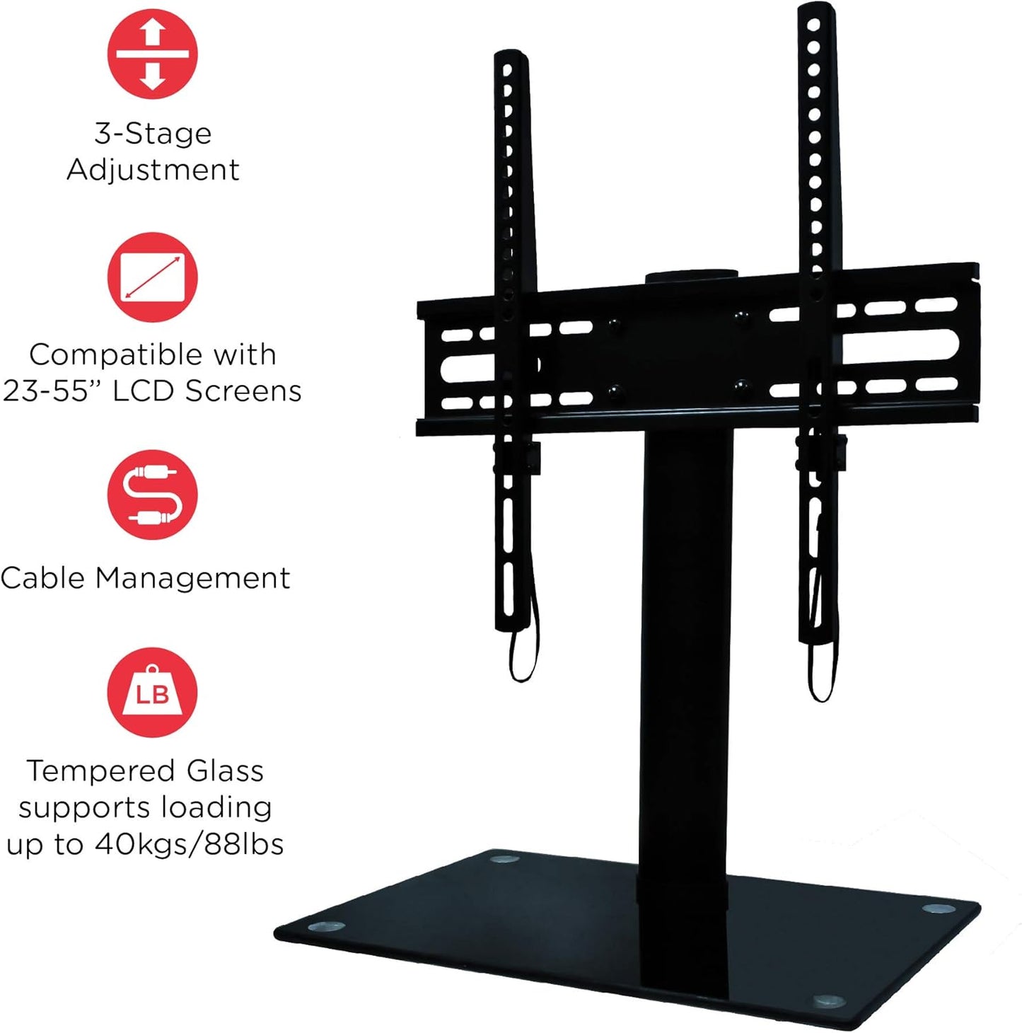 Ematic 22-55-Inch Universal Table Top TV Stand for LCD Screens with Tempered Glass Base