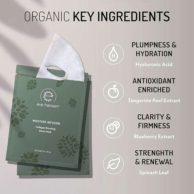 Eve Hansen Collagen Face Mask Sheets Set of 5 ??Hydrating & Nourishing Care for All Skin Types ??With Hyaluronic Acid, Tangerine Peel, Blueberry Extract & Spinach Leaf