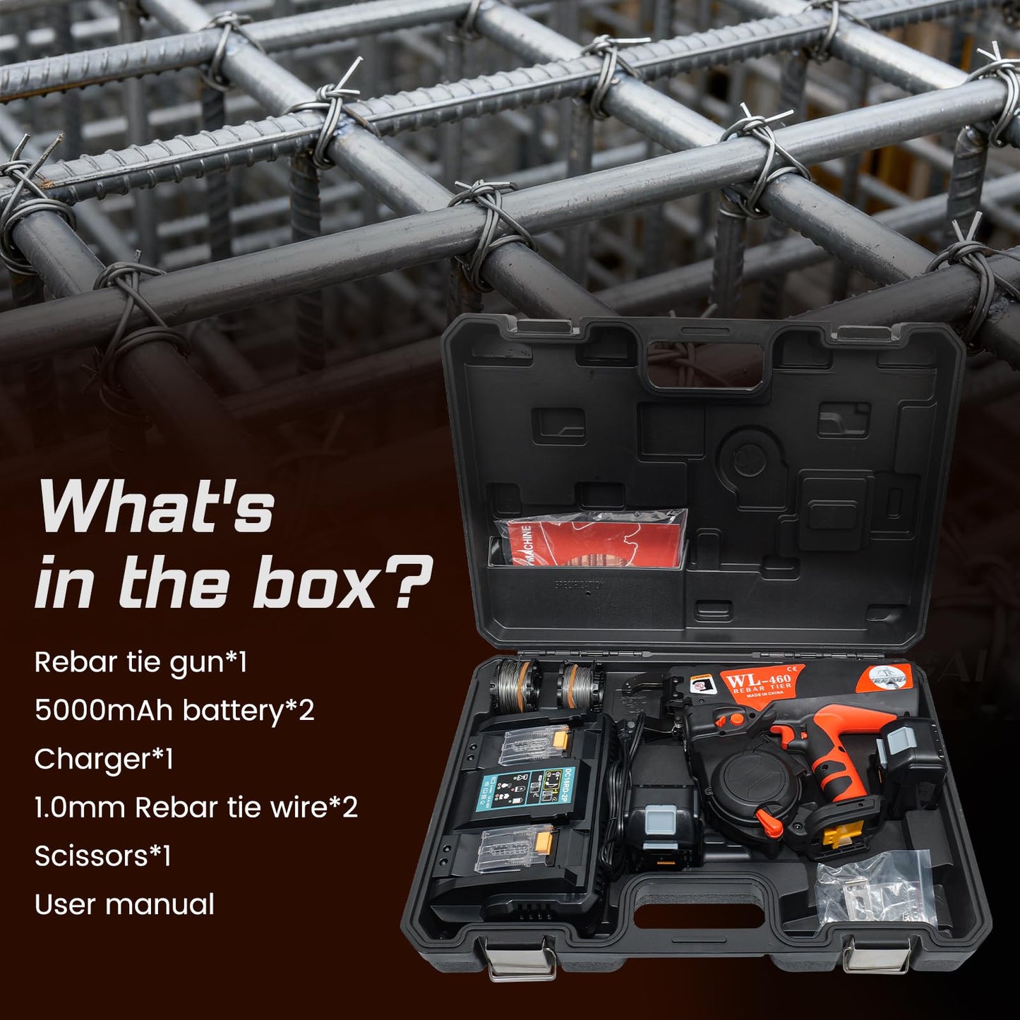 SDLOOL Automatic Rebar Tying Machine Rebar Tier Gun up to #7 x #7 with 19ga(1.0mm) Wire, 2 x 18V 5000mAh Battery Handheld Rebar Tying Tools
